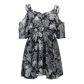Plus Size Women Dresses Spaghetti Strap V-neck Printed Loose Chiffon Dress Off Shoulder Beauty hair & fashionfj