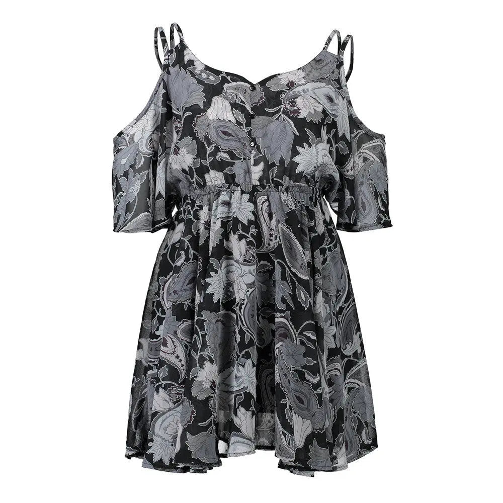 Plus Size Women Dresses Spaghetti Strap V-neck Printed Loose Chiffon Dress Off Shoulder Beauty hair & fashionfj