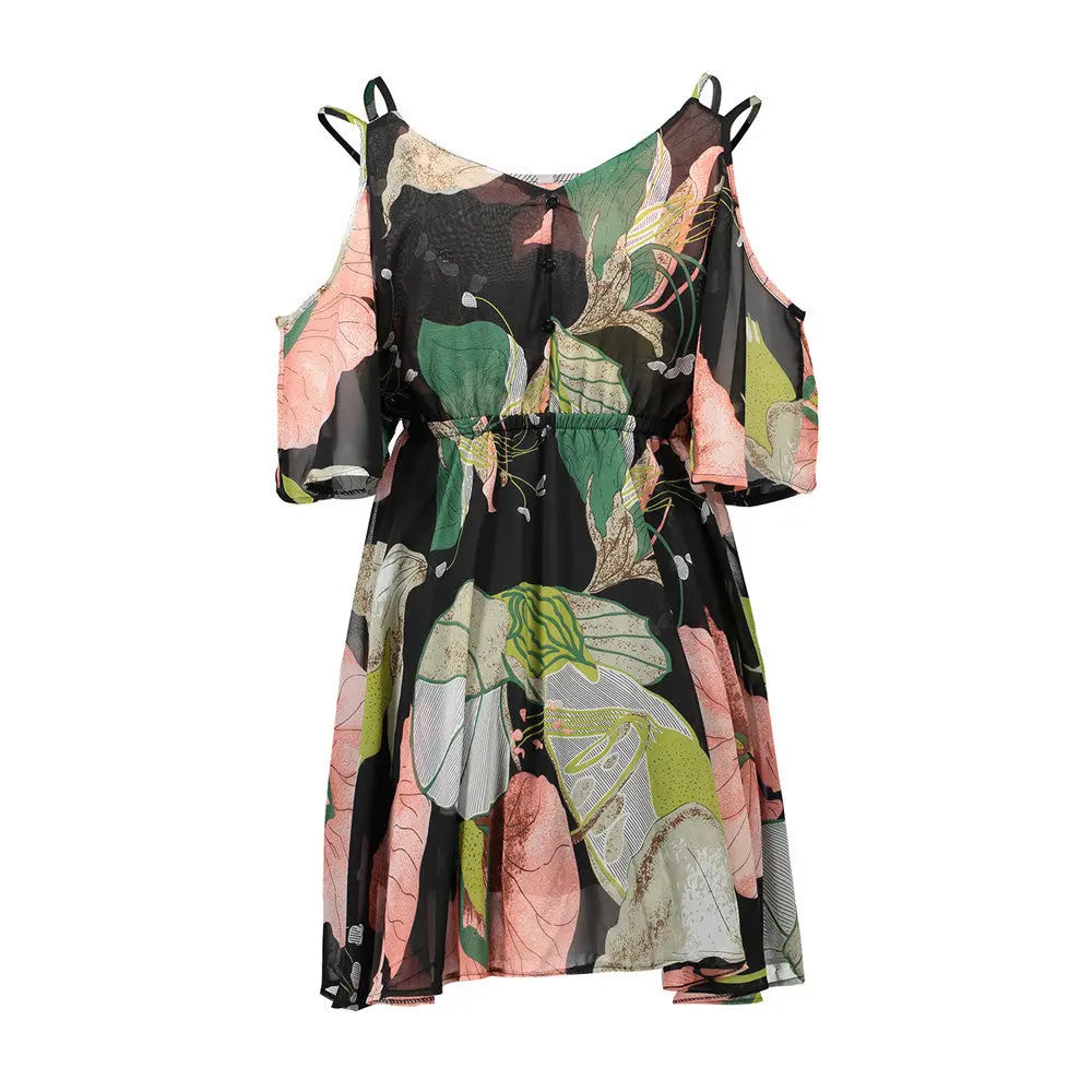 Plus Size Women Dresses Spaghetti Strap V-neck Printed Loose Chiffon Dress Off Shoulder Beauty hair & fashionfj