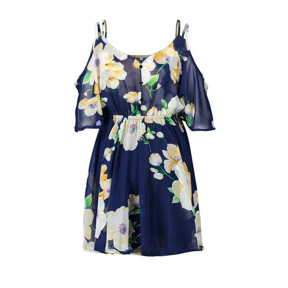 Plus Size Women Dresses Spaghetti Strap V-neck Printed Loose Chiffon Dress Off Shoulder Beauty hair & fashionfj