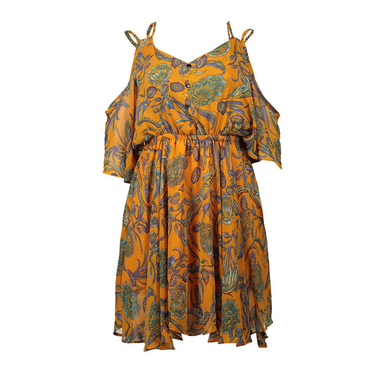 Plus Size Women Dresses Spaghetti Strap V-neck Printed Loose Chiffon Dress Off Shoulder Beauty hair & fashionfj