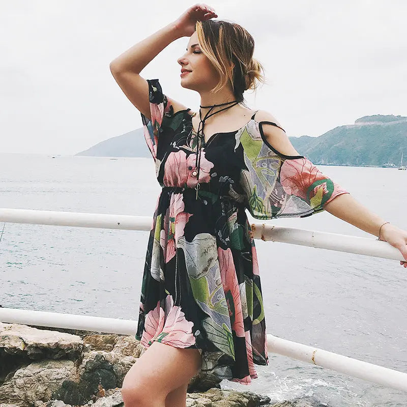 Plus Size Women Dresses Spaghetti Strap V-neck Printed Loose Chiffon Dress Off Shoulder Beauty hair & fashionfj