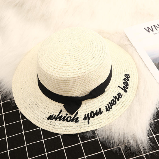 Korean Embroidered Letters Big Straw Hat Sunscreen Sunshade Hat Beach Hat
