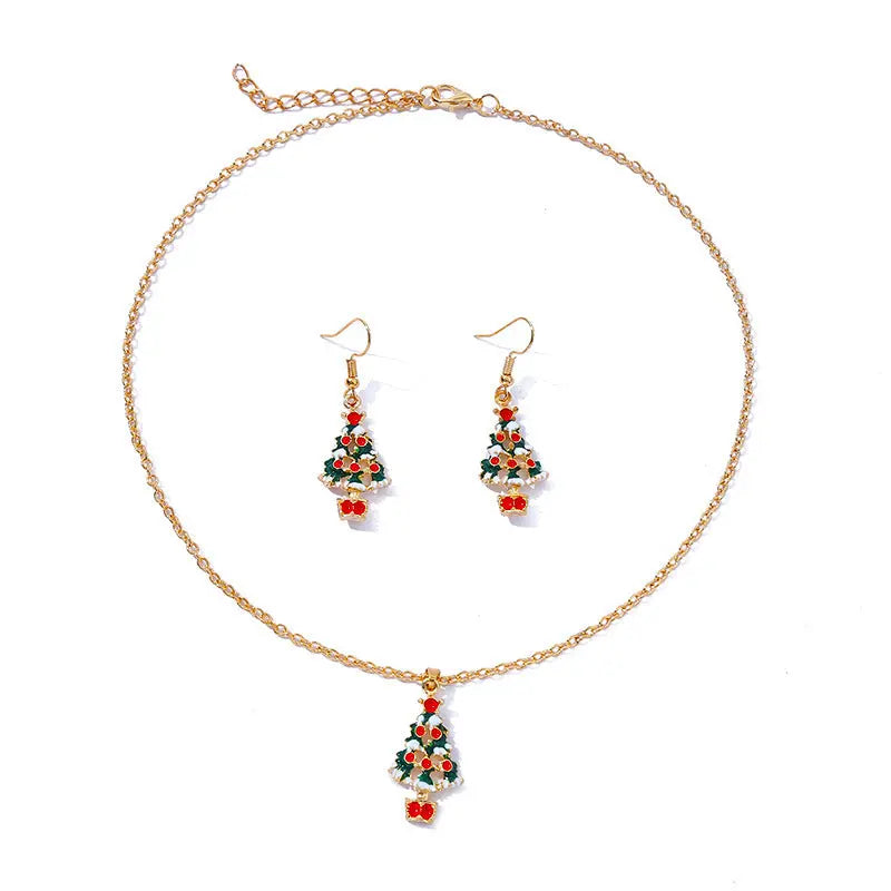 Fashion Simple Oil Dripping Christmas Tree Earrings Necklace Set Women Beauty hair & fashionfj