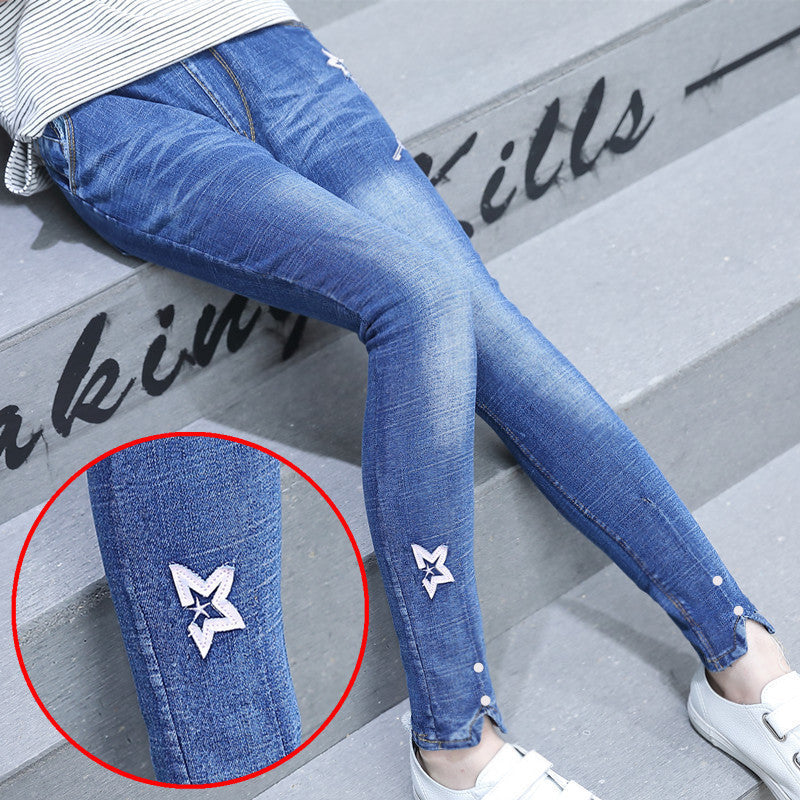 Korean Children"s Clothing Girls" Spring New Fashion Five Pointed Star Skinny Jeans Beauty hair & fashionfj