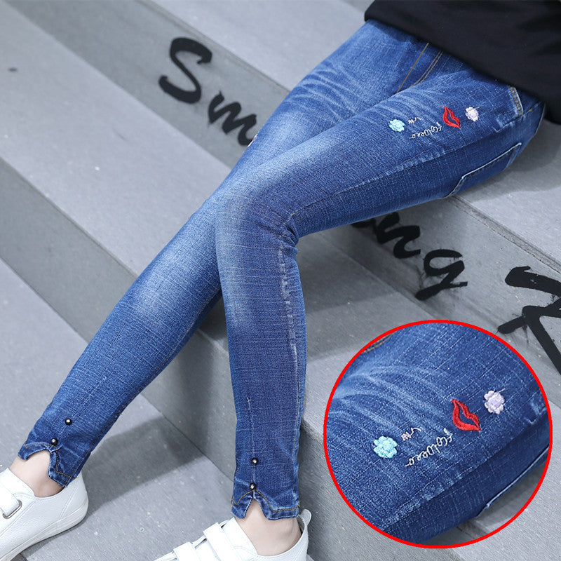 Korean Children"s Clothing Girls" Spring New Fashion Five Pointed Star Skinny Jeans Beauty hair & fashionfj