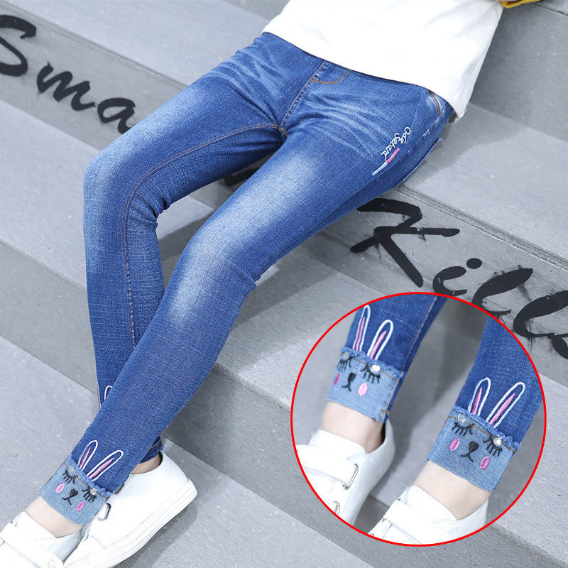 Korean Children"s Clothing Girls" Spring New Fashion Five Pointed Star Skinny Jeans Beauty hair & fashionfj
