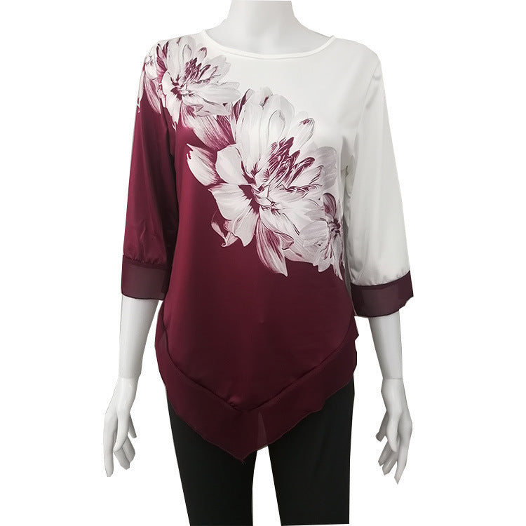 Printed stitching cropped sleeve T-shirt Beauty hair & fashionfj