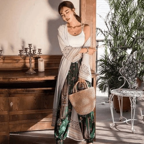 Beach holiday beach sun protection clothing female retro shawl outside summer bohemian flower striped thin cardigan