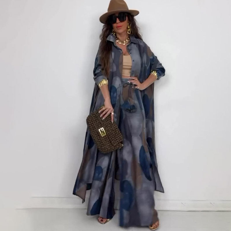 Elegant Sexy Fashion Print Top Wide Leg Pants Two-piece Set Beauty hair & fashionfj