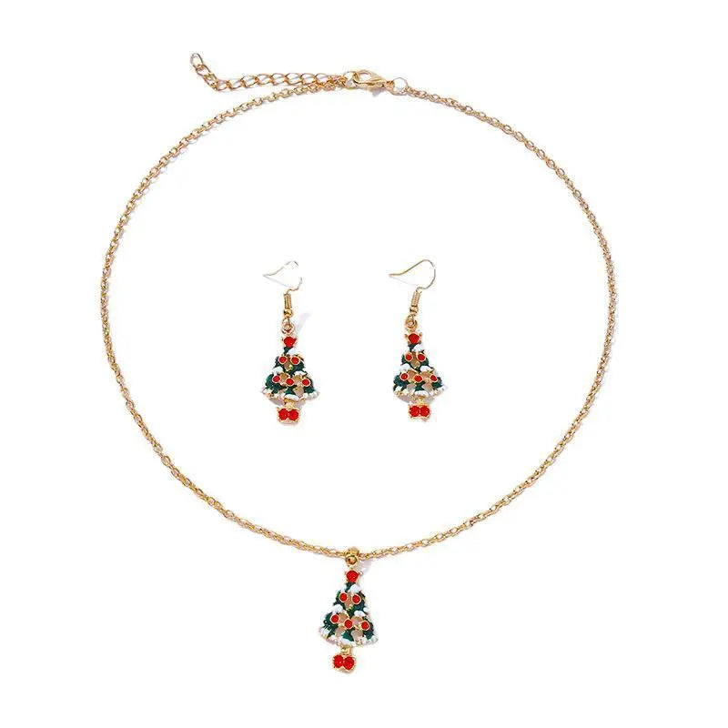 Fashion Simple Oil Dripping Christmas Tree Earrings Necklace Set Women Beauty hair & fashionfj