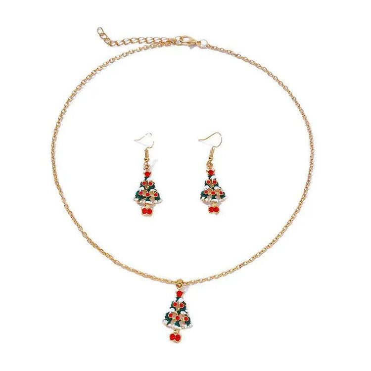 Fashion Simple Oil Dripping Christmas Tree Earrings Necklace Set Women Beauty hair & fashionfj