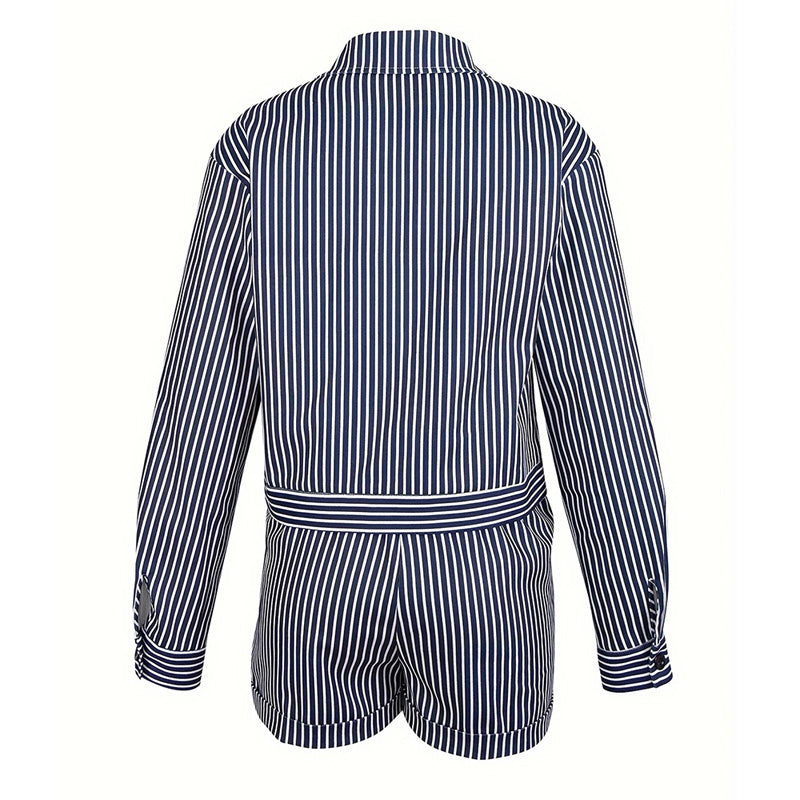 Women's Striped Print Casual Two-Piece Set Button-Up Long Sleeve Jacket & Shorts With Slant Pockets, Summer Fashion Outfit Beauty hair & fashionfj
