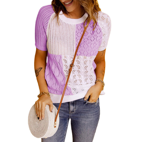 Fashion European American Summer New Color Block Knitted Short Sleeve T-shirt Top Knitwear Beauty hair & fashionfj