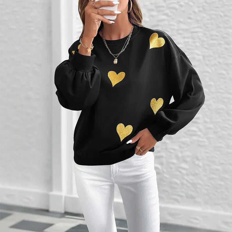 Women's Sweet Style Heart Printing Loose Round Neck Long Sleeve Sweater Beauty hair & fashionfj
