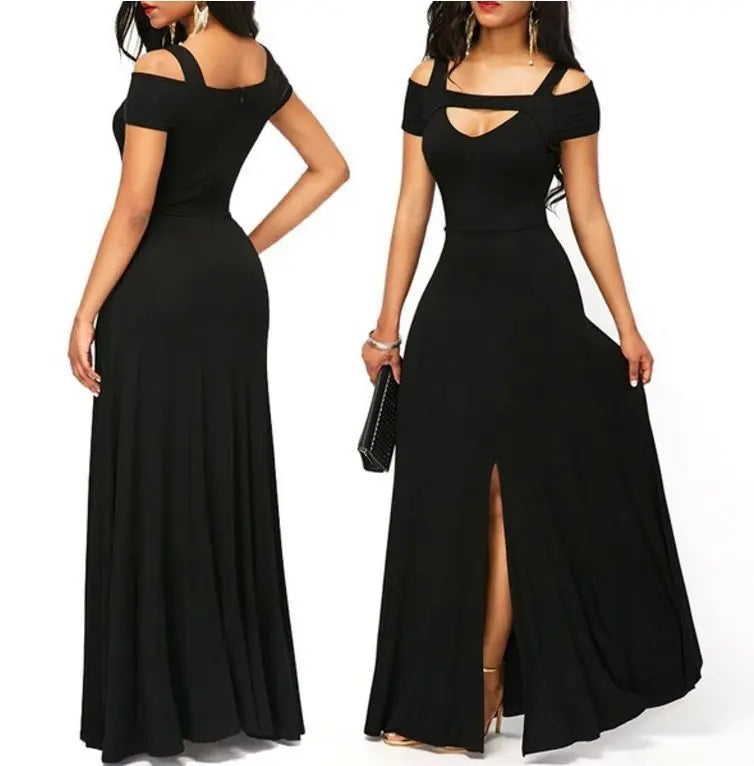 V-neck off-the-shoulder split long skirt Beauty hair & fashionfj