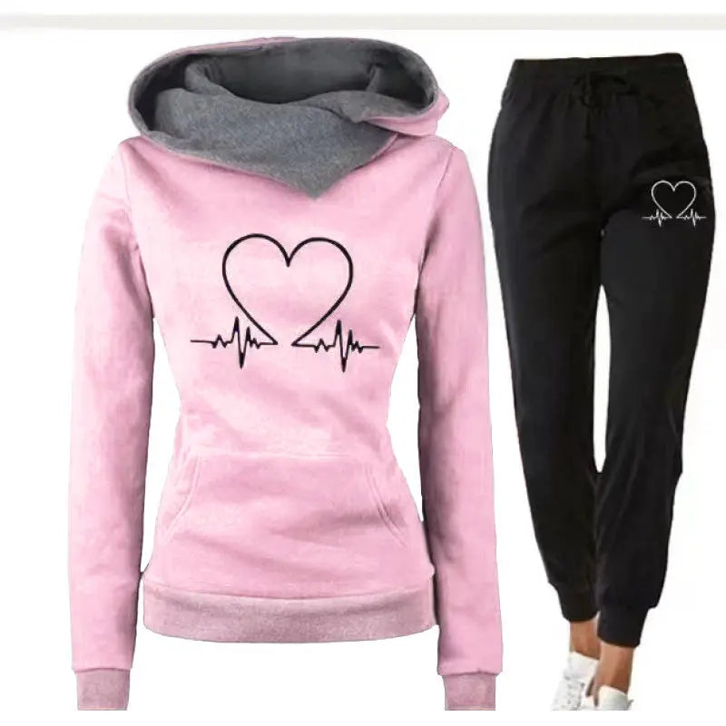 Love Heart Printed Sports Suit Hooded Sweatshirt Top And Drawstring Pants Fashion Casual Clothing For Women Beauty hair & fashionfj