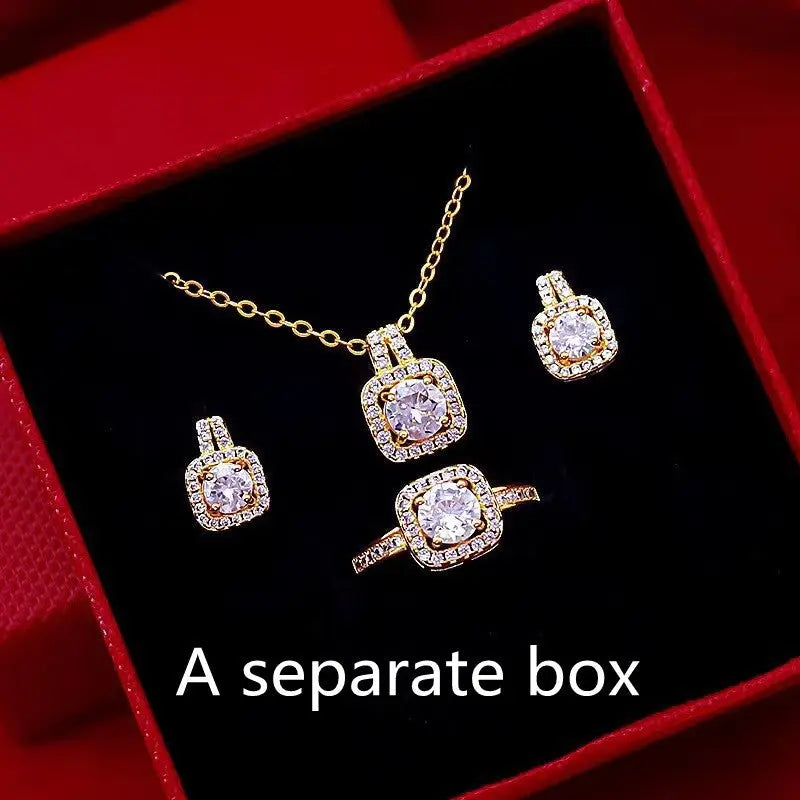 Fashion Jewelry Set Zircon Gem Pendant Chain Choker Necklace For Women Gold Color Stud Earring Statement Wedding Ring Beauty hair & fashionfj