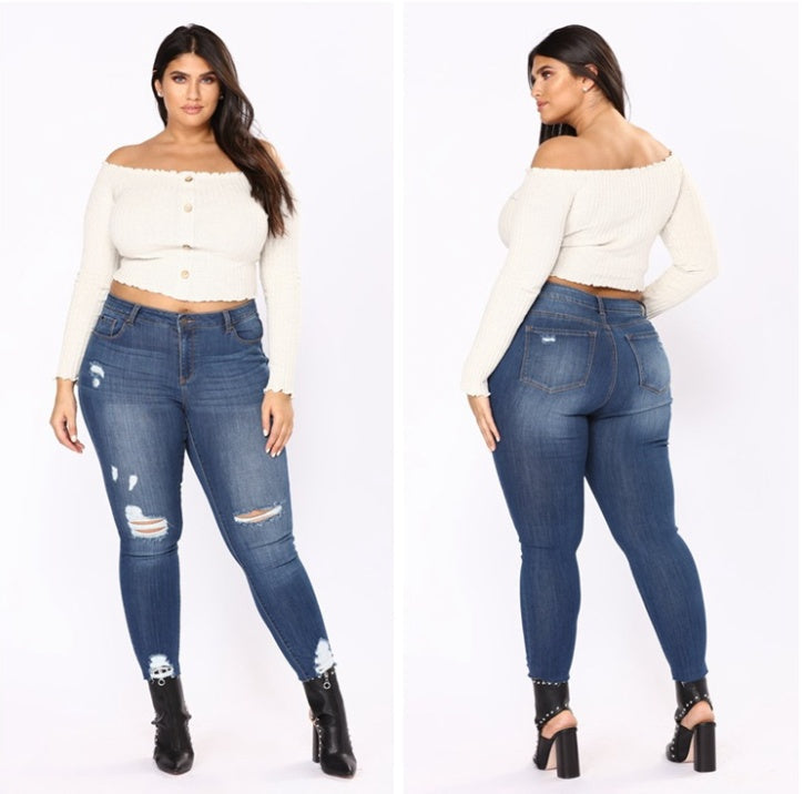 New large size women's hole dark blue jeans women's clothing Beauty hair & fashionfj