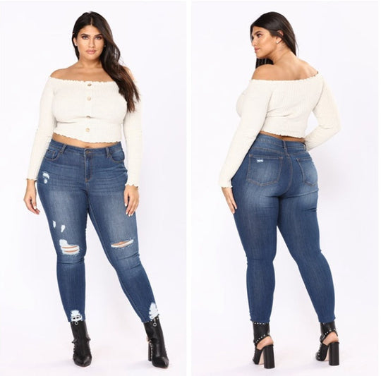 New large size women's hole dark blue jeans women's clothing Beauty hair & fashionfj