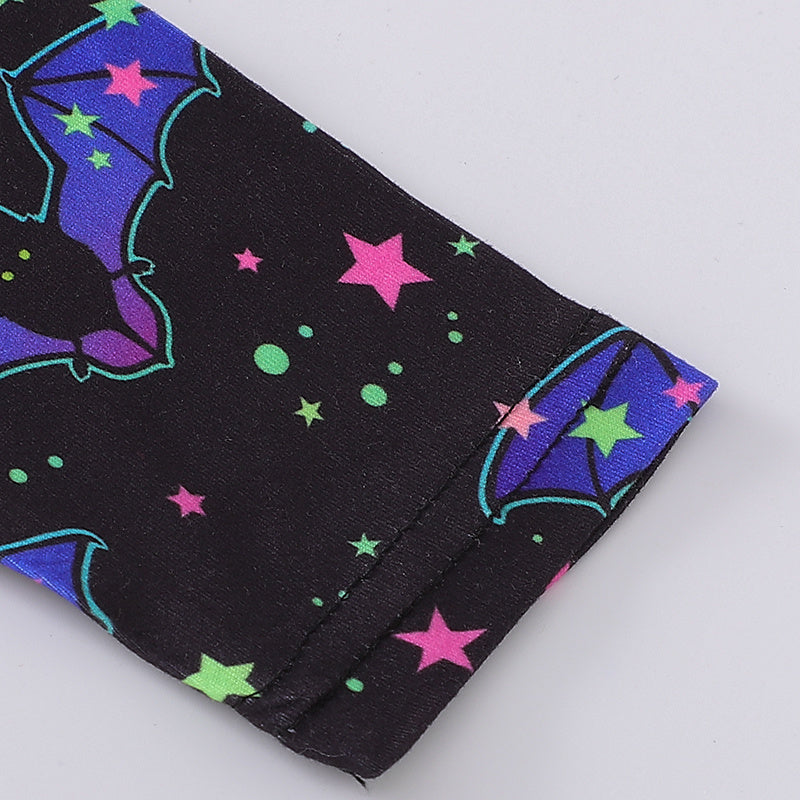 3pcs Toddler Girl's Halloween Dress Skull Ghost Bats Print Stretch Long Sleeve A-line Dresses