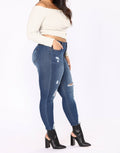 New large size women's hole dark blue jeans women's clothing Beauty hair & fashionfj