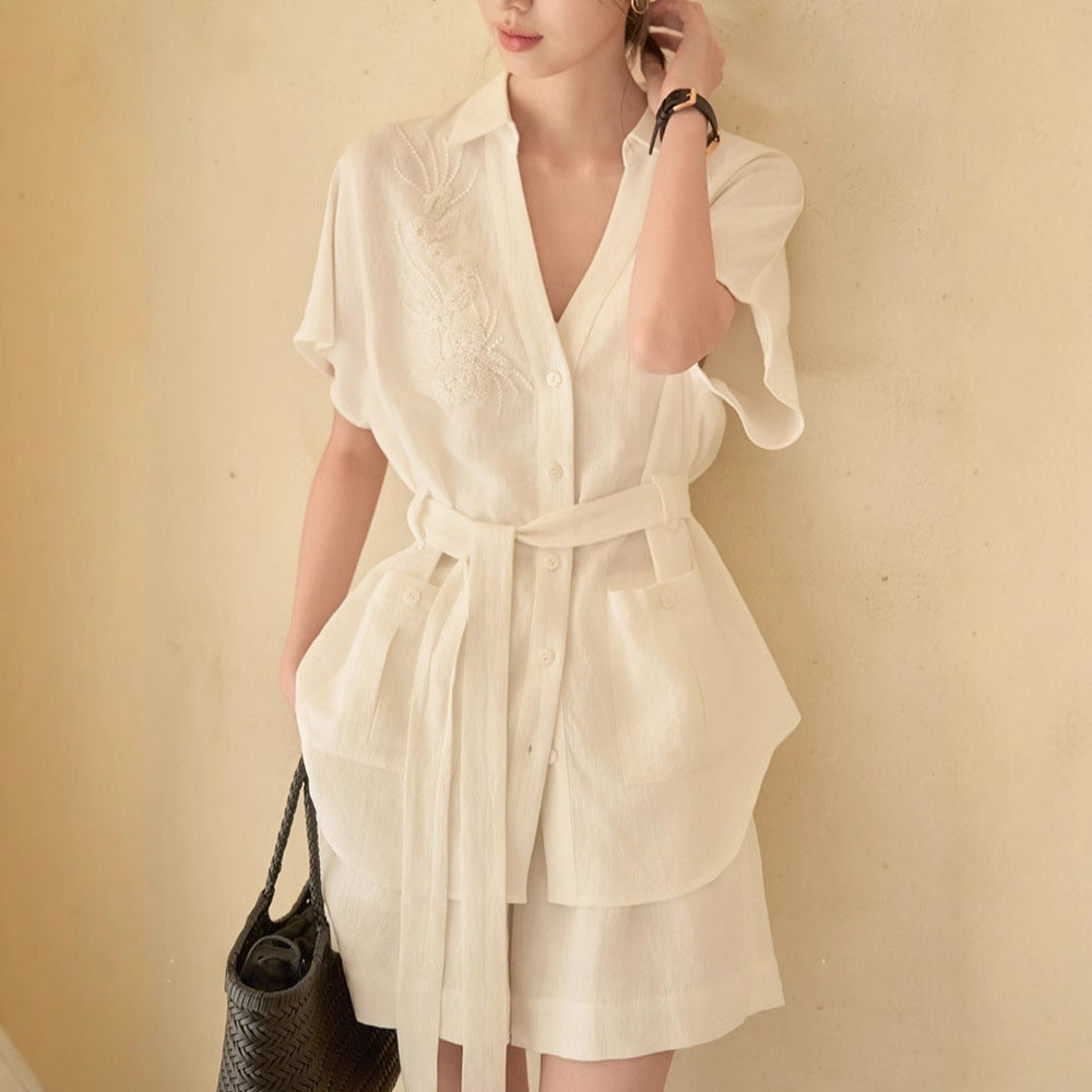 Imitation Cotton And Linen Texture Heavy Industry Short Sleeve Shirt Coat Shorts Suit Beauty hair & fashionfj
