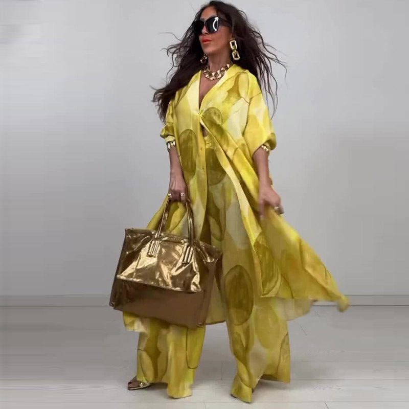 Elegant Sexy Fashion Print Top Wide Leg Pants Two-piece Set Beauty hair & fashionfj