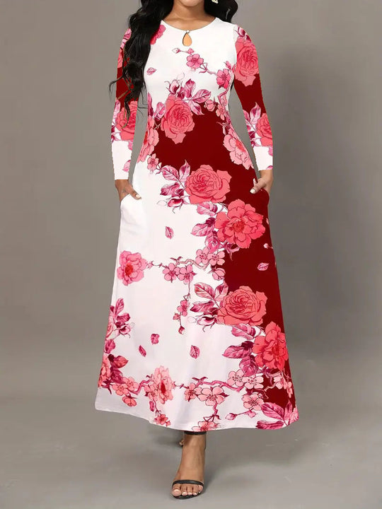 Round Neck Long Sleeve Printed Pocket Waist-controlled Large Hem Dress Beauty hair & fashionfj