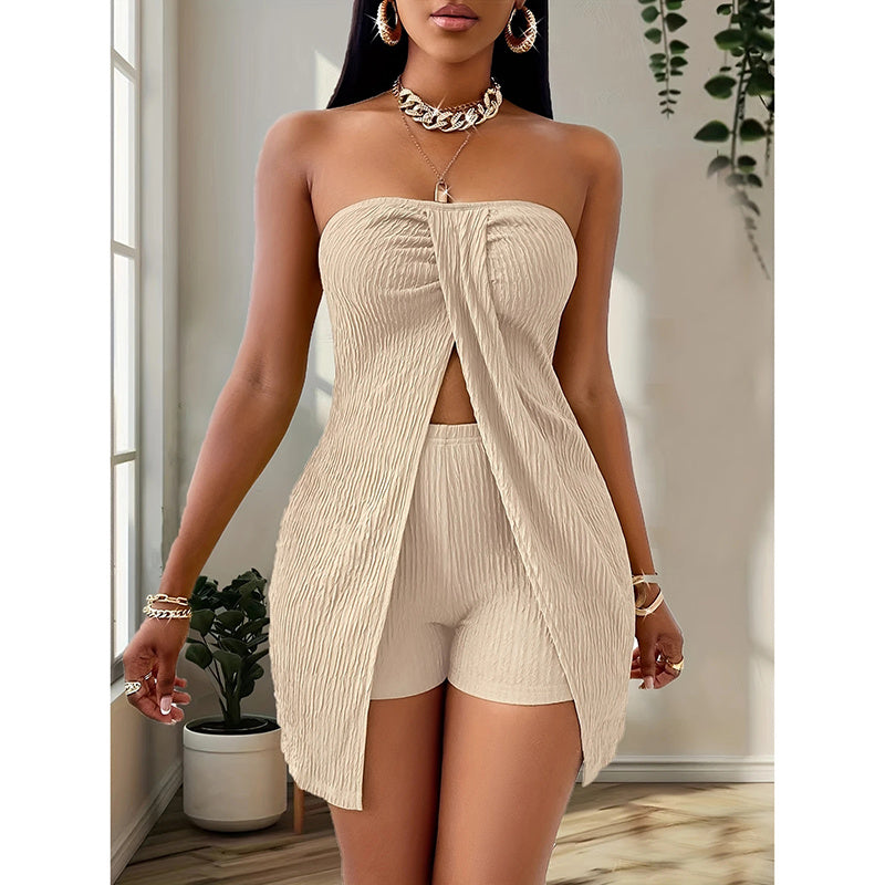 Women's 2 Piece Outfits Elegant Textured Strapless Ruched High Slit Tube Top And High Waist Skinny Shorts Shorts Set Beauty hair & fashionfj