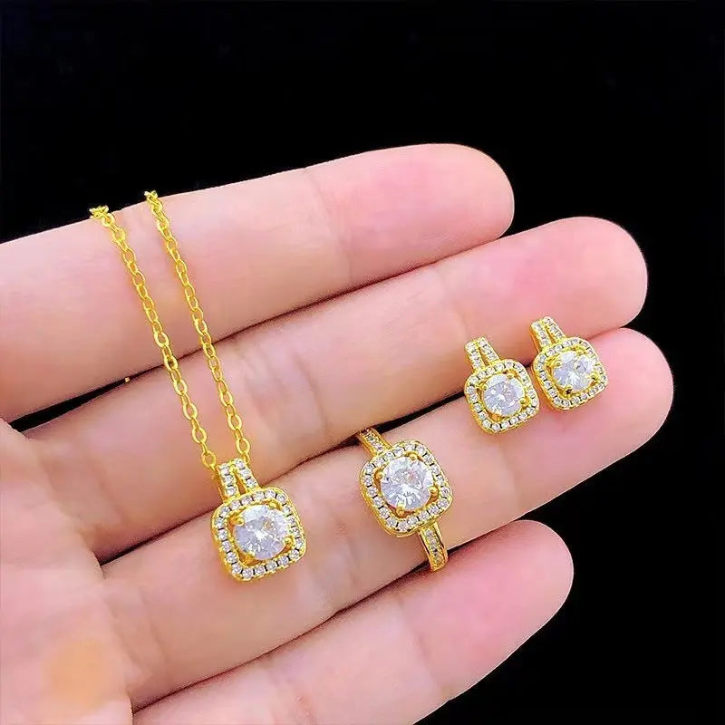 Fashion Jewelry Set Zircon Gem Pendant Chain Choker Necklace For Women Gold Color Stud Earring Statement Wedding Ring Beauty hair & fashionfj