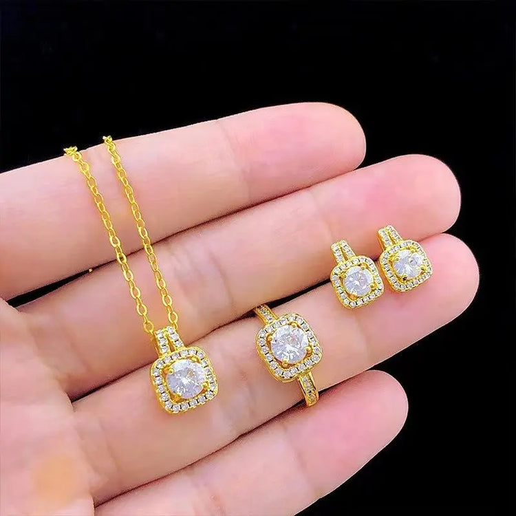 Fashion Jewelry Set Zircon Gem Pendant Chain Choker Necklace For Women Gold Color Stud Earring Statement Wedding Ring Beauty hair & fashionfj