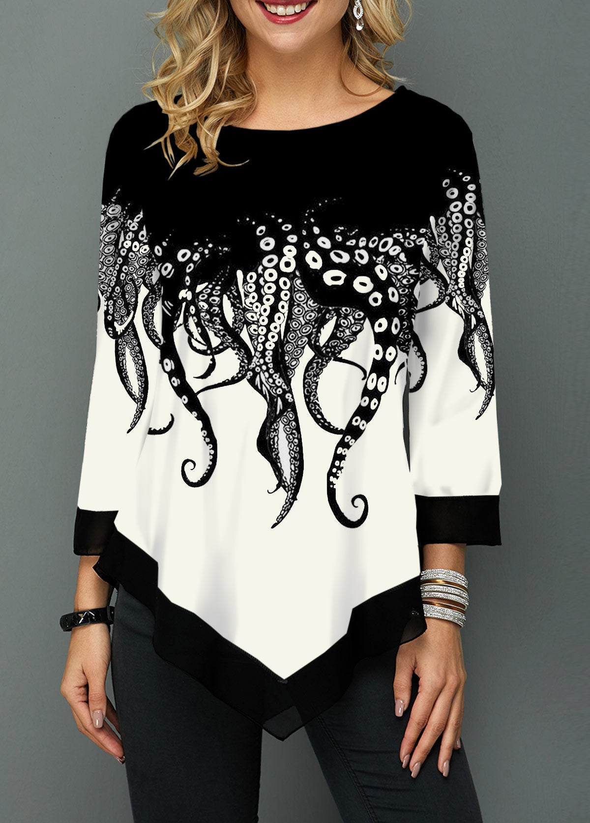 Printed stitching cropped sleeve T-shirt Beauty hair & fashionfj