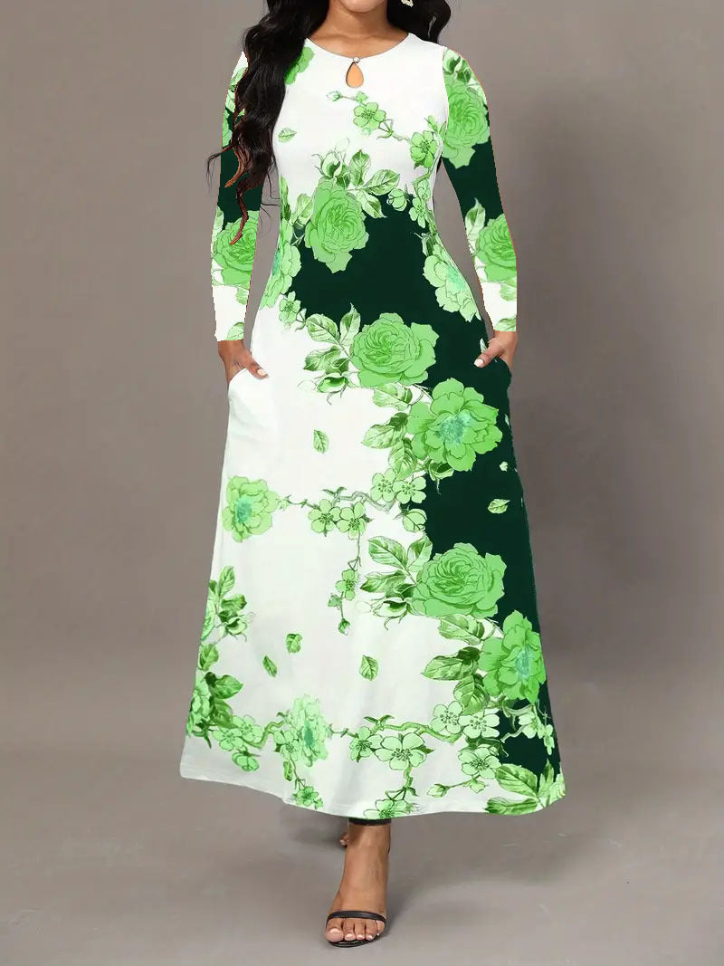 Round Neck Long Sleeve Printed Pocket Waist-controlled Large Hem Dress Beauty hair & fashionfj