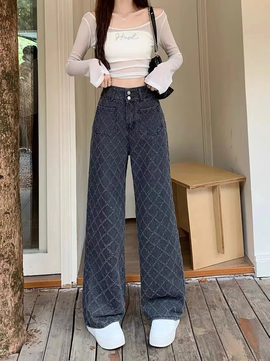 Summer Ladies New Loose Drooping Slimming Jacquard Design Straight-leg Denim Trousers Beauty hair & fashionfj