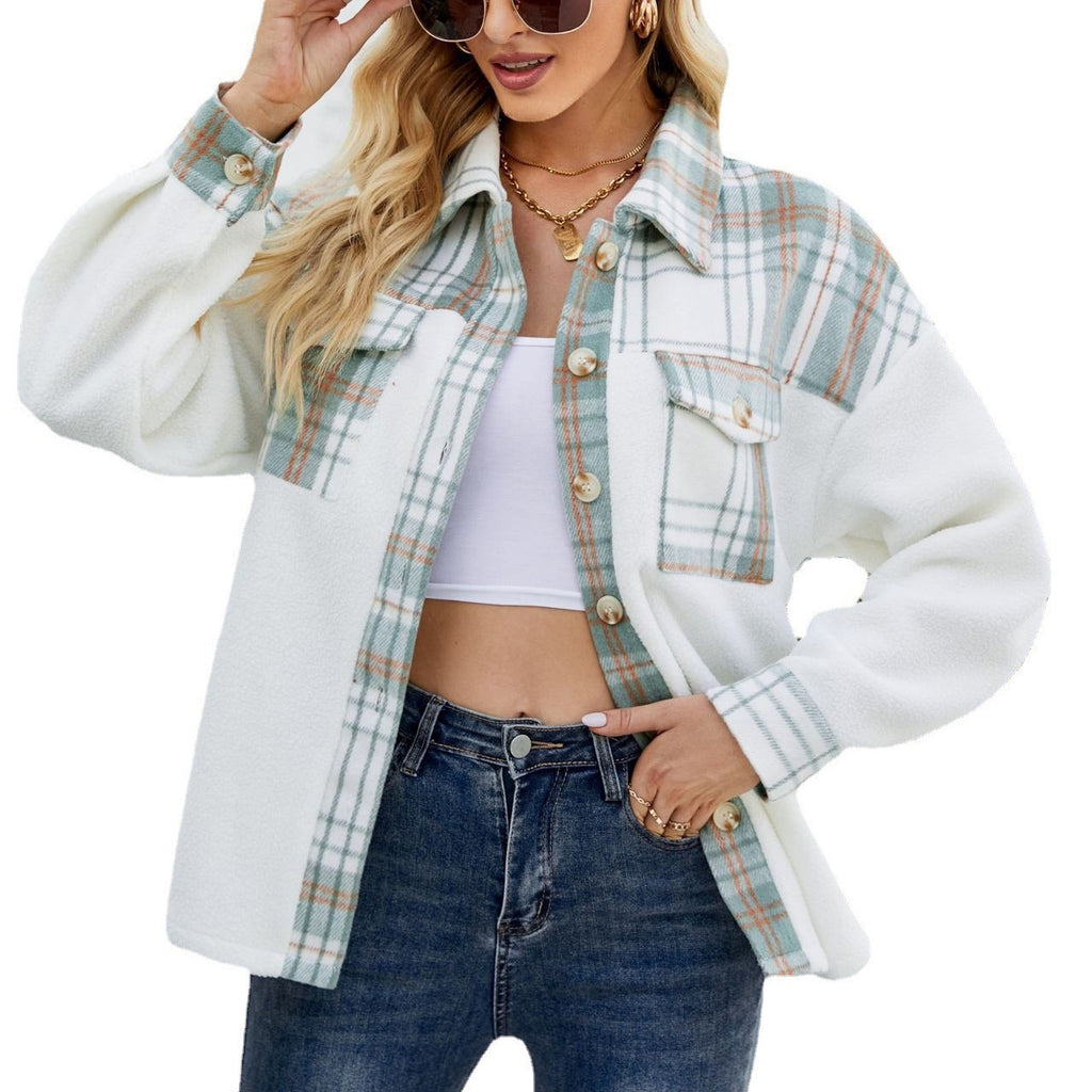 Lamb Wool Long Sleeve Stitching Contrast Color Pocket Woolen Coat For Women