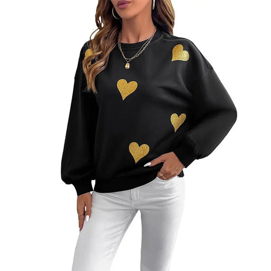 Women's Sweet Style Heart Printing Loose Round Neck Long Sleeve Sweater Beauty hair & fashionfj