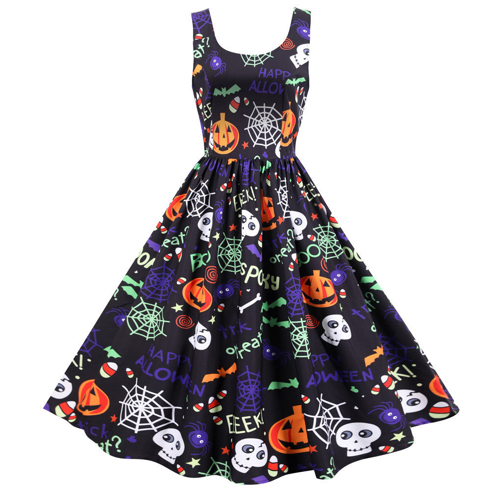 Halloween Rock And Roll Sleeveless Floral Dresses