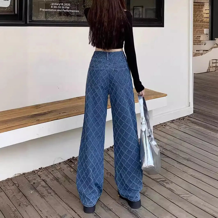 Summer Ladies New Loose Drooping Slimming Jacquard Design Straight-leg Denim Trousers Beauty hair & fashionfj