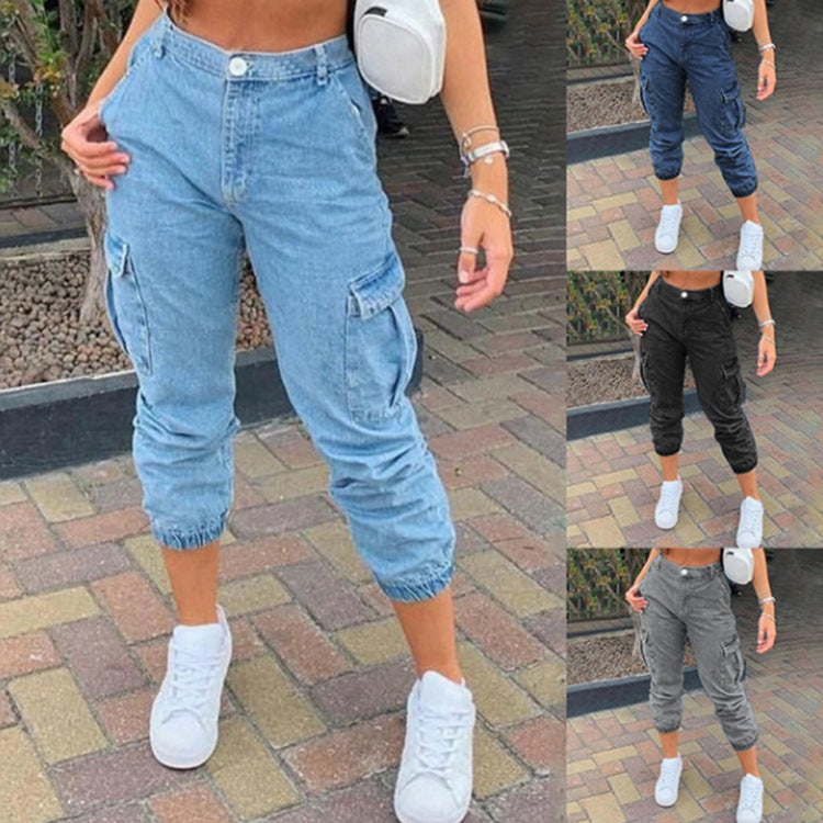 Side Pocket Ankle Banded Washed Mid-waist Denim Women's Trousers Beauty hair & fashionfj