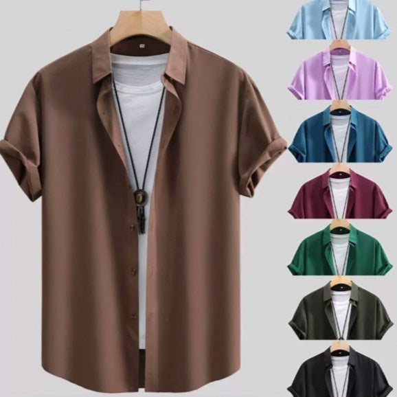 Men's Short-sleeved Shirt Solid Color Summer Beauty hair & fashionfj