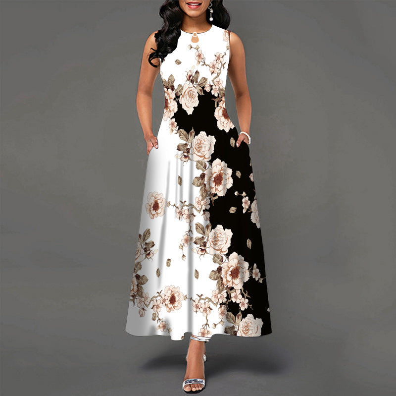 Black and White Color Block Floral Print Maxi Dress Beauty hair & fashionfj