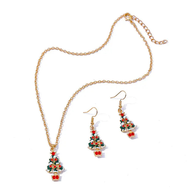 Fashion Simple Oil Dripping Christmas Tree Earrings Necklace Set Women Beauty hair & fashionfj