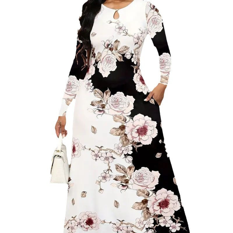 Round Neck Long Sleeve Printed Pocket Waist-controlled Large Hem Dress Beauty hair & fashionfj