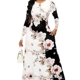 Round Neck Long Sleeve Printed Pocket Waist-controlled Large Hem Dress Beauty hair & fashionfj