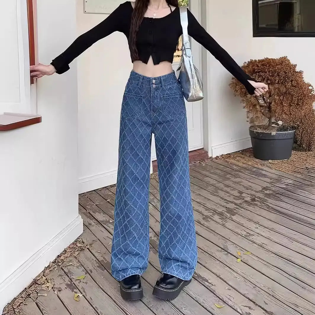 Summer Ladies New Loose Drooping Slimming Jacquard Design Straight-leg Denim Trousers Beauty hair & fashionfj