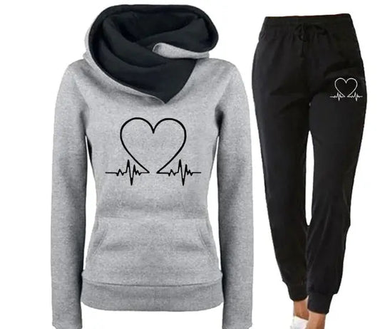 Love Heart Printed Sports Suit Hooded Sweatshirt Top And Drawstring Pants Fashion Casual Clothing For Women Beauty hair & fashionfj
