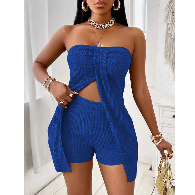Women's 2 Piece Outfits Elegant Textured Strapless Ruched High Slit Tube Top And High Waist Skinny Shorts Shorts Set Beauty hair & fashionfj