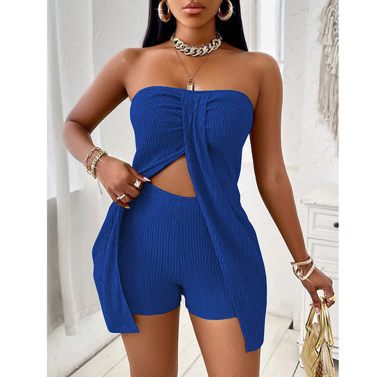 Women's 2 Piece Outfits Elegant Textured Strapless Ruched High Slit Tube Top And High Waist Skinny Shorts Shorts Set Beauty hair & fashionfj