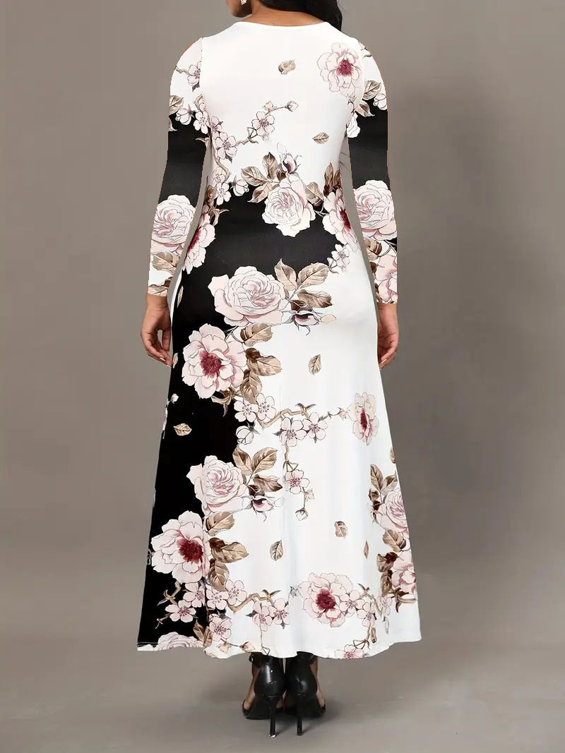 Round Neck Long Sleeve Printed Pocket Waist-controlled Large Hem Dress Beauty hair & fashionfj